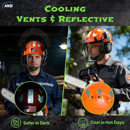 Vista 5 de Aolamegs Casco de motosierra con protector facial y orejeras, casco forestal naranja con protección auditiva y máscara de malla completa, casco
