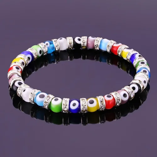 Vista 2 de Pulsera con cuentas de mal de ojo turco, con abalorio de vidrio veneciano con espaciadores rondelle