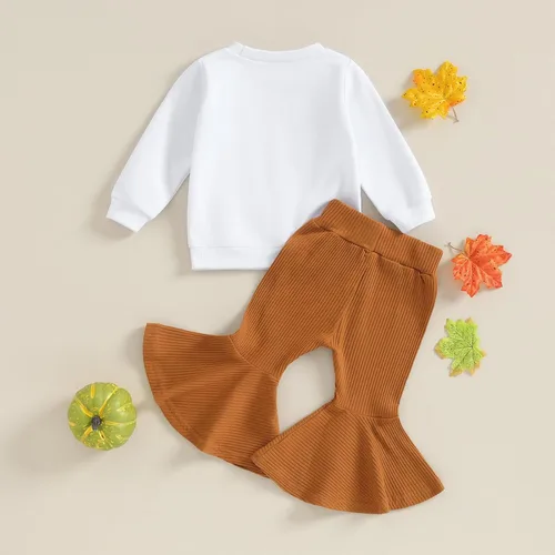 Vista 4 de Kuriozud Conjunto de 2 piezas para niña pequeña, sudadera de manga larga con estampado de letras de Halloween y pantalones acampanados acanalados