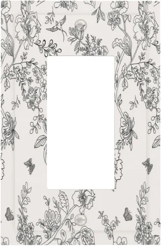 Vista 68 de Cubierta de tomacorriente eléctrico dúplex individual estilo campestre con diseño floral de flores y pájaros en blanco y negro, placa de pared de 1
