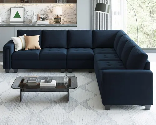 Vista 4 de Belffin Sofá modular de terciopelo en forma de L, sofá seccional convertible de gran tamaño con diván reversible para sala de estar, azul