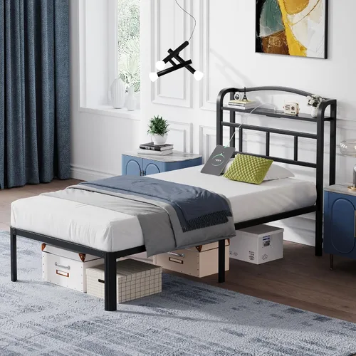 Vista 9 de SHOANED Base de cama de metal de 14 pulgadas, base de colchón básica de plataforma resistente de color negro con cabecera y estación de carga,