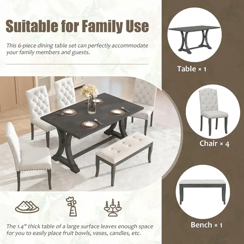 Vista 4 de Juego de mesa de comedor de 6 piezas estilo granja, mesa rectangular con soporte y 4 sillas tapizadas y banco, juego de muebles de cocina
