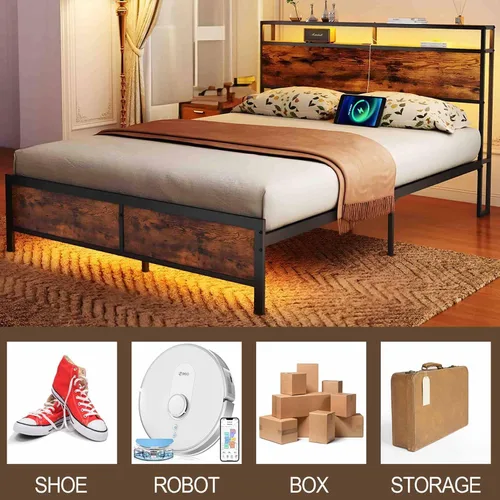 Vista 7 de Base de cama Queen con luces LED, 2 puertos USB, cabecera rústica de almacenamiento de 2 niveles, marco de cama de plataforma industrial, cámaras