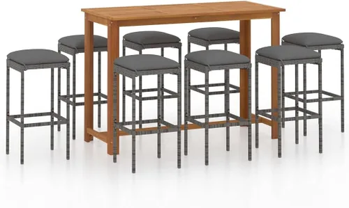 Vista 2 de Ensemble de Bar de Jardin 9 Pièces en Bois d'Acacia Massif Gris, Table Rectangulaire et 8 Tabourets avec Coussin Amovible Pour Terrasse, Jardin