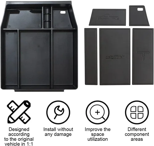 Vista 6 de BestEvMod Caja de almacenamiento, bandeja organizadora de consola central con ribete de cuero vegano compatible con Ford F150 F-150 Lightning Negro