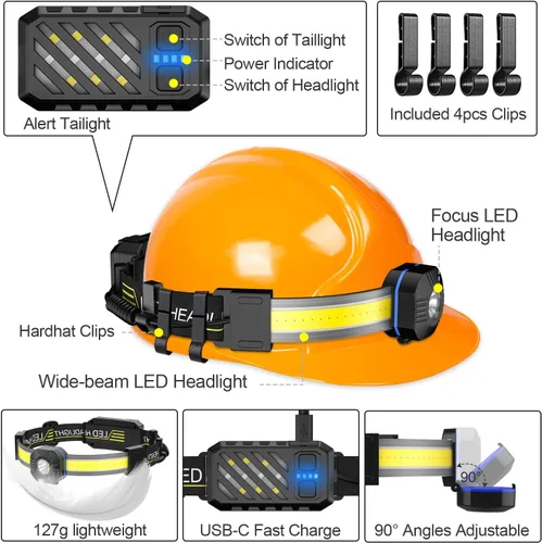 Vista 5 de Linterna frontal LED, 1000 lúmenes, 230° de haz ancho, linterna frontal recargable por USB con luz trasera roja, luz ligera e impermeable