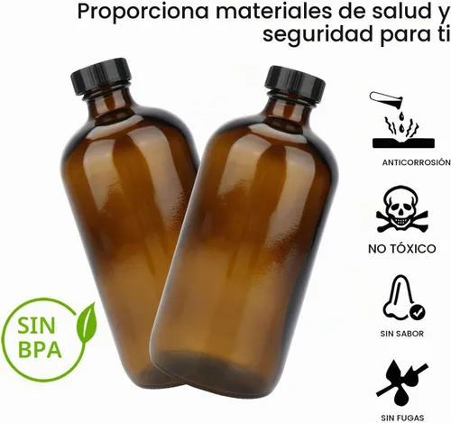 Vista 6 de Maredash Botellas de vidrio de 16 onzas, paquete de 12 botellas de almacenamiento de vidrio ámbar con tapas, botella de vidrio ámbar, botellas