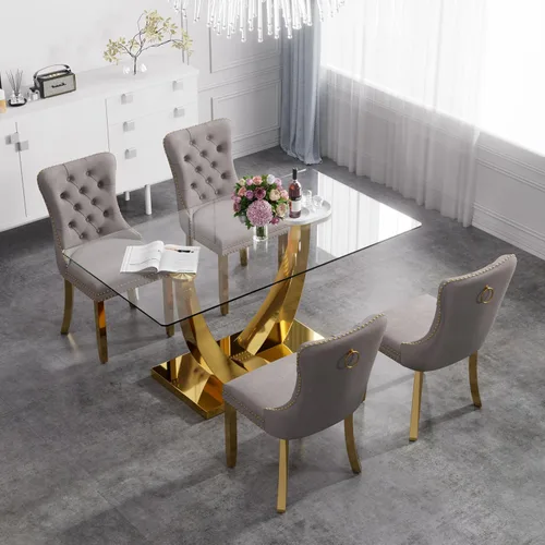 Vista 21 de Juego de mesa de comedor de cristal moderno de mediados de siglo para 4, 63 pulgadas, juego de comedor rectangular grande de lujo con parte superior