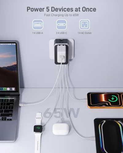 Vista 3 de EPICKA Air 65W Universal Travel Adapter PD&QC with 1AC/3USB-C/1USB-A 65W-Black
