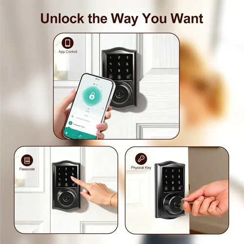 Vista 2 de Cerradura inteligente para puerta de entrada sin llave con control de aplicación, cerrojo electrónico de teclado con pantalla táctil con timbre