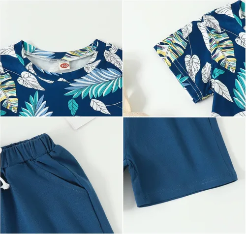 Vista 4 de AMAWMW Trajes de verano hawaianos para bebés y niños pequeños, camiseta de hoja de palmera, pantalones cortos con bolsillos, 2 piezas, ropa tropical