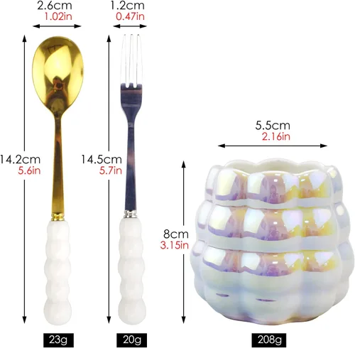 Vista 2 de 4 tenedores para palillos de dientes de pizza de frutas de acero inoxidable, 4 cucharas de ensalada de postre para café, helado, pastel y 1 tarro