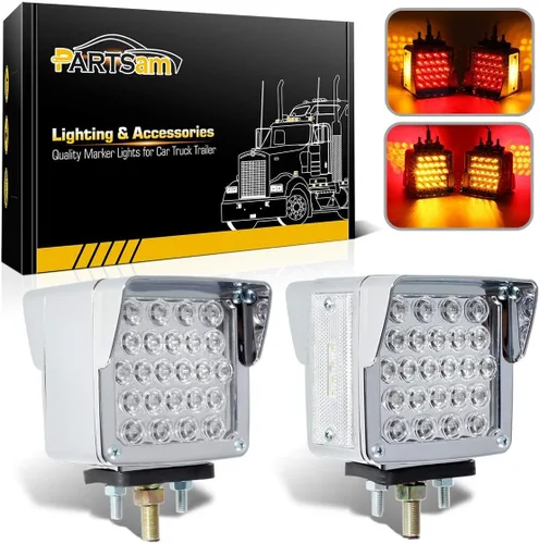 Vista 7 de Partsam 2 luces de estacionamiento de doble cara para remolque, pedestal con viseras cromadas, ámbar/ámbar de doble cara cuadrada, 52 luces LED