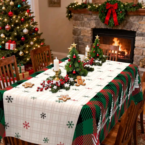 Vista 6 de Mantel de Navidad, 2 piezas de mantel de Navidad desechable para mesa rectangular, 54" x 108" de plástico con diseño de copo de nieve, árbol