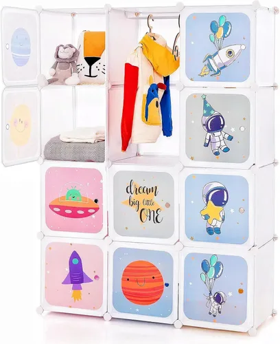 Vista 12 de INFANS Armario para niños, armario portátil para bebé, lindo para dormitorio de niños, armario de guardería con puertas, 12 cubos, 2 secciones