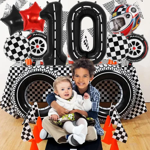 Vista 6 de Globos de cumpleaños de auto de carreras, globo número 0 de carrera, globo de aluminio grande de 40 pulgadas, globo negro 0 para decoración