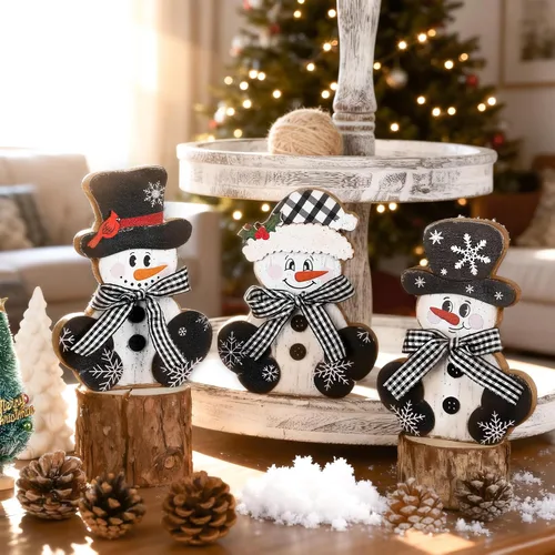 Vista 6 de 3 piezas de centros de mesa de Navidad en madera, decoración rústica de muñeco de nieve para mesa, señales de mesa de Navidad, bloques de decoración
