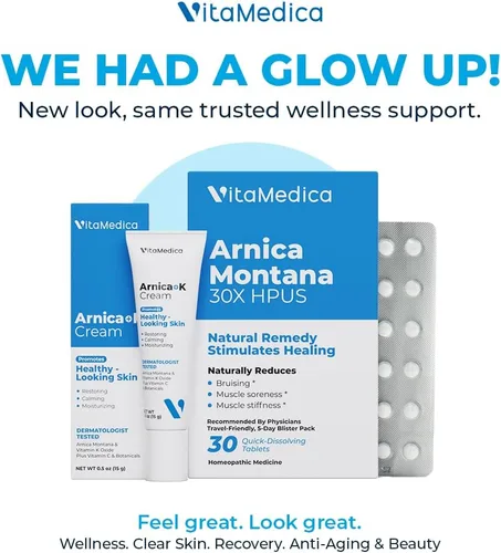 Vista 2 de VitaMedica Paquete de kit de relleno de árnica Paquete de ampolla Arnica Montana 30X + crema tópica de árnica y vitamina K Crema tópica