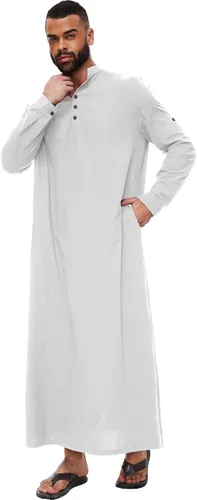 Vista 3 de YAOHUOLE Kaftan para hombre - Batas árabes islámicas con botones Blanco