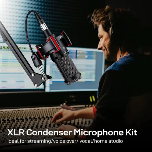 Vista 2 de Micrófono de condensador XLR, micrófono profesional de grabación de estudio para computadora PC, kit de micrófono cardioide para podcast con brazo