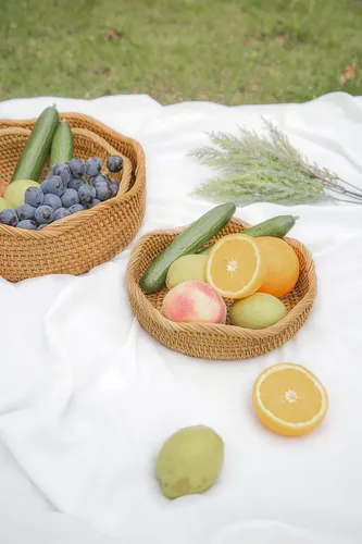 Vista 3 de HITOMEN Cestas de pan de ratán hechas a mano, cestas redondas de mimbre para frutas, tazones de almacenamiento de servicio, naturales, decorativas