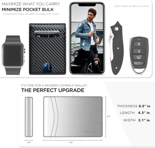 Vista 6 de SUAVELL Billetera plegable para hombre con tarjetero RFID de cuero cartera delgada para hombre con bolsillo frontal compacto para 12 tarjetas