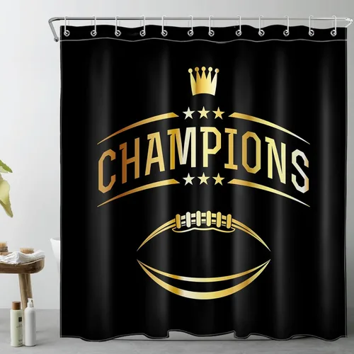 Vista 18 de LB Cortina de ducha de fútbol americano, juego deportivo, acuarela, fondo negro, cortina de baño de dibujos animados, tela de poliéster decorativa
