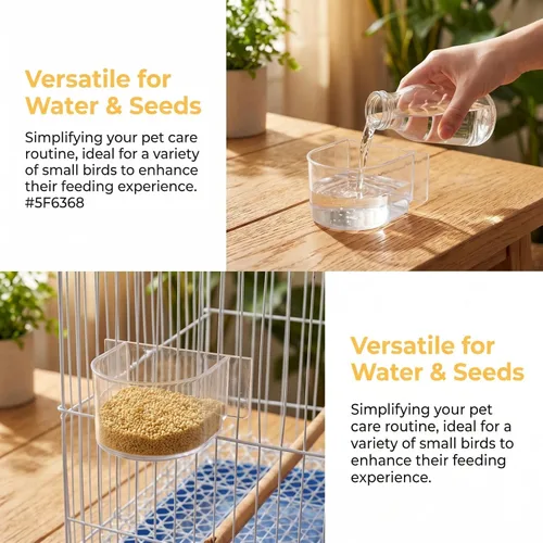 Vista 6 de Comedero de alimentos para jaula de pájaros, 2 piezas: tazas de agua de semicírculo grueso transparente – Caja de recipiente de platos pequeños