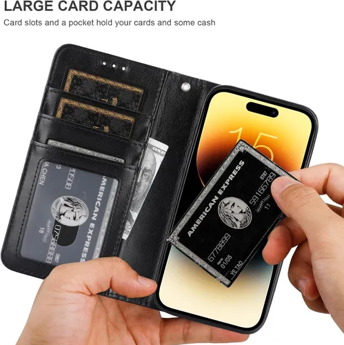 Vista 5 de Bocasal Funda tipo cartera desmontable para iPhone 15 Pro con bloqueo RFID, ranuras para tarjetas, soporte de cuero PU premium magnético con soporte