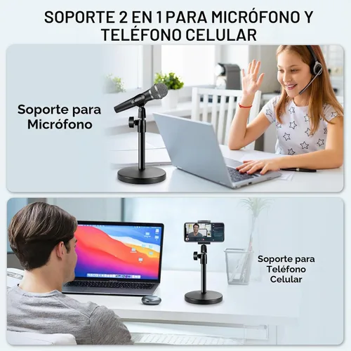 Vista 2 de Soporte de micrófono de escritorio 2 en 1, base redonda de metal mejorada, soporte de micrófono ajustable con clip de micrófono, clip para teléfono