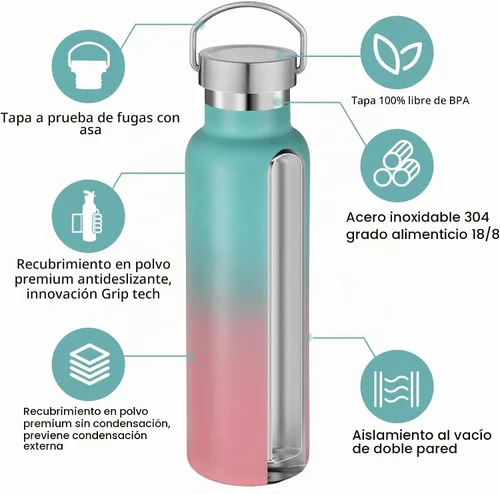 Vista 3 de Neihepal Botellas de agua de acero inoxidable con gradiente, botella de viaje de doble pared con aislamiento al vacío de 20 onzas (590 ml) con tapa