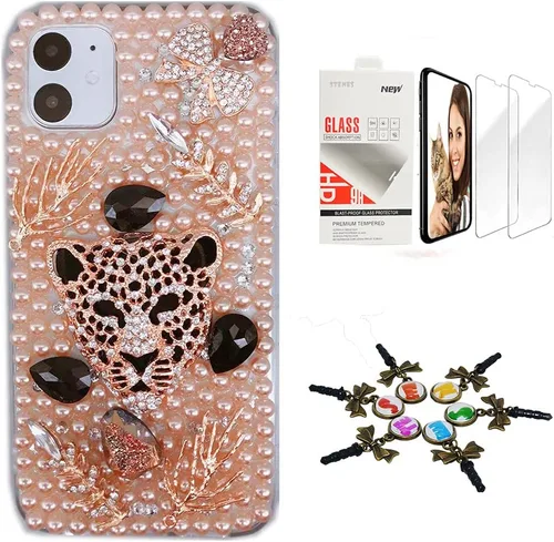 Vista 5 de Sparkle - Carcasa para iPhone 12 (2 unidades), diseño de hojas de leopardo y brillantes, color champán