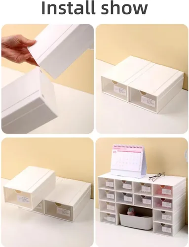 Vista 8 de Feadily Paquete de 4 cajas de almacenamiento de plástico para escritorio con cajones transparentes, se puede empalmar y combinar libremente