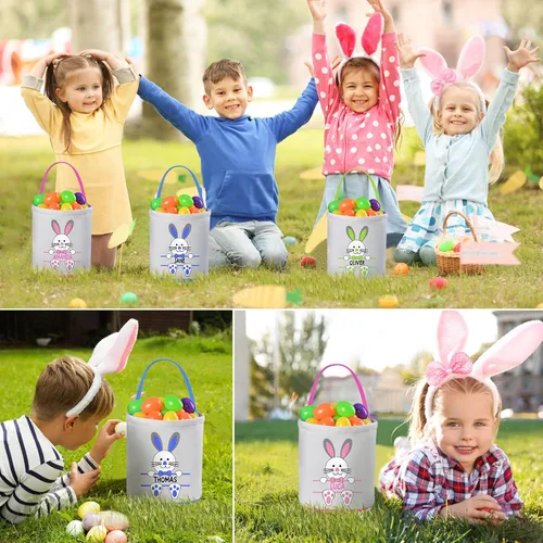 Vista 5 de Cestas de Pascua personalizadas, canasta de Pascua de VAPCUFF para niños, regalos de Pascua, bolsas de caza de huevos de Pascua para niñas y niños