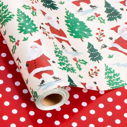 Vista 11 de Homeral Rollo de papel de regalo de Navidad, Papá Noel, muñeco de nieve y lazo y bastones de caramelo rosados, envoltura de regalo reversible