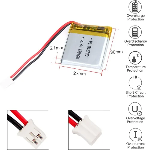 Vista 2 de Batería de 3.7V 430mAh 512728 Li-ion Li-Po recargable de iones de litio con conector de paso de 2P PH 0.079 in