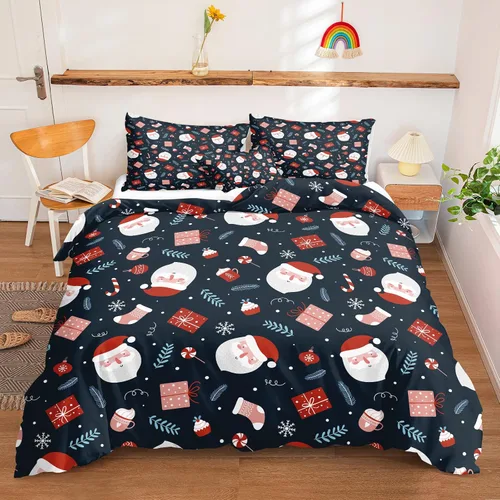 Vista 25 de Juego de ropa de cama de Navidad con funda de edredón de copos de nieve, color blanco y rojo, con estampado navideño, juego de ropa de cama festiva