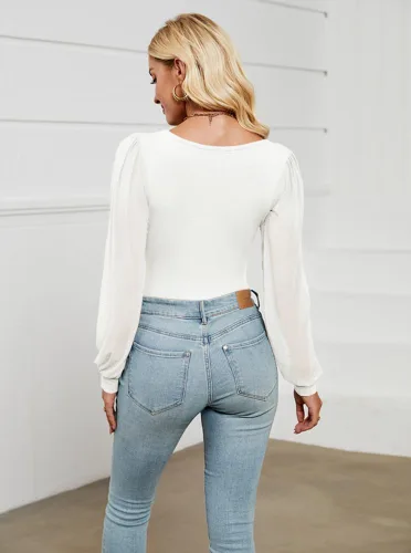 Vista 4 de oten Body de manga larga abombada con cuello cuadrado para mujer para salir