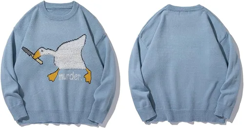 Vista 2 de Suéter de punto Harajuku con estampado de dibujos animados de pato de ganso de gran tamaño, unisex, ropa