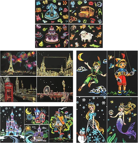 Vista 8 de Postales artísticas de pintura de arco iris, arte para rascar y bosquejar para niños y adultos, pintura para raspar, regalo creativo, grabado