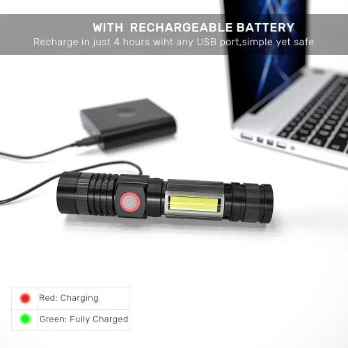 Vista 4 de Linterna magnética LED recargable, súper brillante con luz de trabajo COB, impermeable, 4 modos, linternas tácticas de bolsillo para acampar al aire