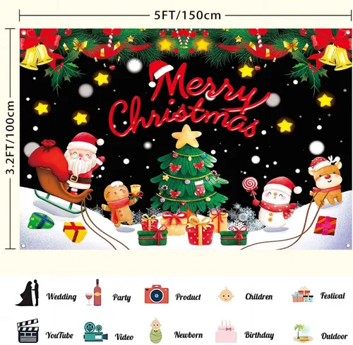 Vista 3 de Banner Telón de Fondo Feliz Navidad Suministros de Decoraciones de Fiesta Navideña de Santa Nieve Invernal Árbol de Navidad Fiesta Navideña Fondo