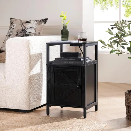 Vista 2 de Yoobure Mesita de noche de granja con estación de carga, extremo de noche de madera con puertos USB, mesa auxiliar de cama LED con armario de Negro