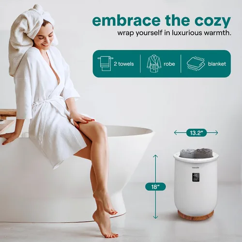 Vista 2 de SereneLife - Calentador de toalla con pantalla digital en cubo; calentador de toallas grande de color blanco para spa y baño, regalos de calentador