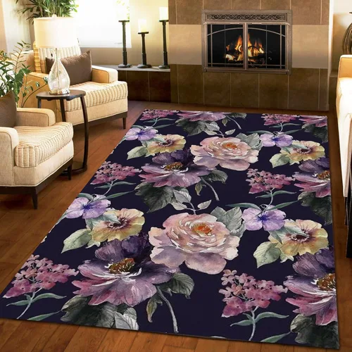Vista 4 de Alfombra de área con flores amarillas moradas, retro, abstracta, para interiores, dormitorio, duradera, elegante, cálida, lavable a máquina