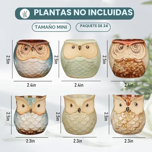 Vista 2 de Nitial - Juego de 24 macetas de cerámico para suculentas con forma de búho, mini macetas pequeñas con agujeros de drenaje, lindas macetas