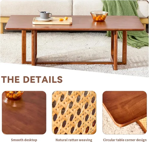 Vista 5 de LKTART Mesa auxiliar para sala de estar, mesa rectangular de madera maciza, moderna mesa de centro de ratán de imitación, patas cruzadas, mesa de té