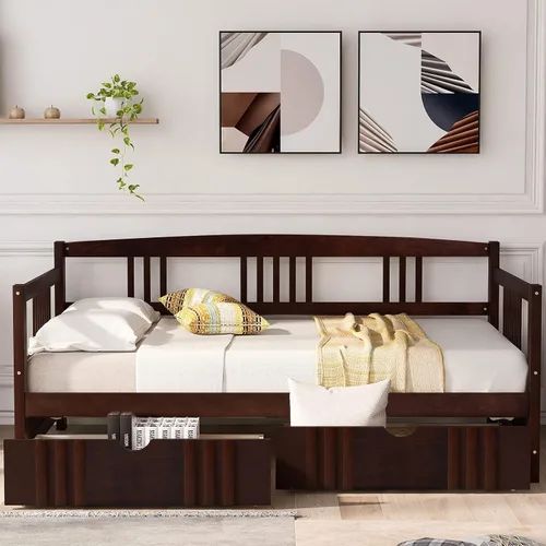 Vista 3 de Harper & Bright Designs Marco de cama esquinero de tamaño individual con cajones, sofá cama de madera maciza con almacenamiento y cabecero,