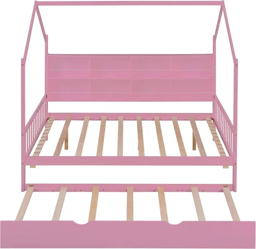Vista 9 de Harper & Bright Designs Cama de casa de tamaño matrimonial con nido, marco de cama matrimonial de madera con compartimento para estantes, cama